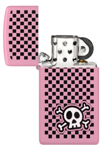 Zippo Checkered Skull Design Slim Pink Matte Windproof Lighter with its lid open and unlit.