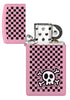 Zippo Checkered Skull Design Slim Pink Matte Windproof Lighter with its lid open and unlit.