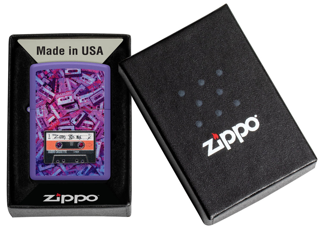 Zippo Cassette Tape Design Purple Matte Windproof Lighter in its packaging.