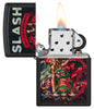 Slash Design Black Matte Windproof Lighter with its lid open and lit.