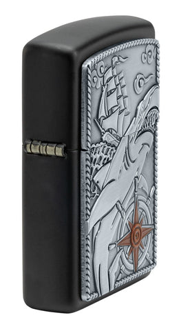 Front shot of Ship Shark Emblem Design Black Matte Windproof Lighter standing at an angle, showing the emble,