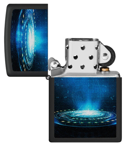Zippo Black Light UFO Flame Design Black Matte Windproof Lighter with its lid open and unlit.