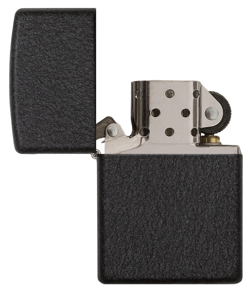Front view of the Black Crackle® Lighter open and unlit.