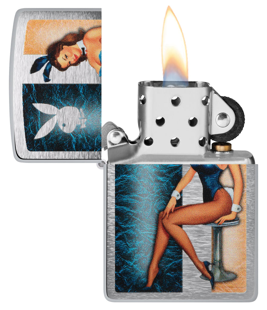 Playboy Playmate Brushed Chrome Windproof Lighter with its lid open and lit.