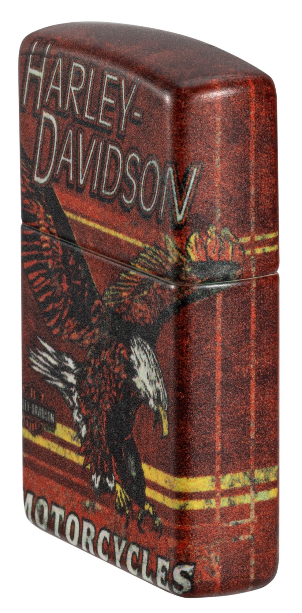 Angled shot of Zippo Harley-Davidson Eagle 540 Color Windproof Lighter showing the front and right side of the lighter.