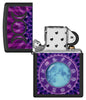 Glowing Zodiac Design Black Light Black Matte Windproof Lighter with its lid open and unlit.