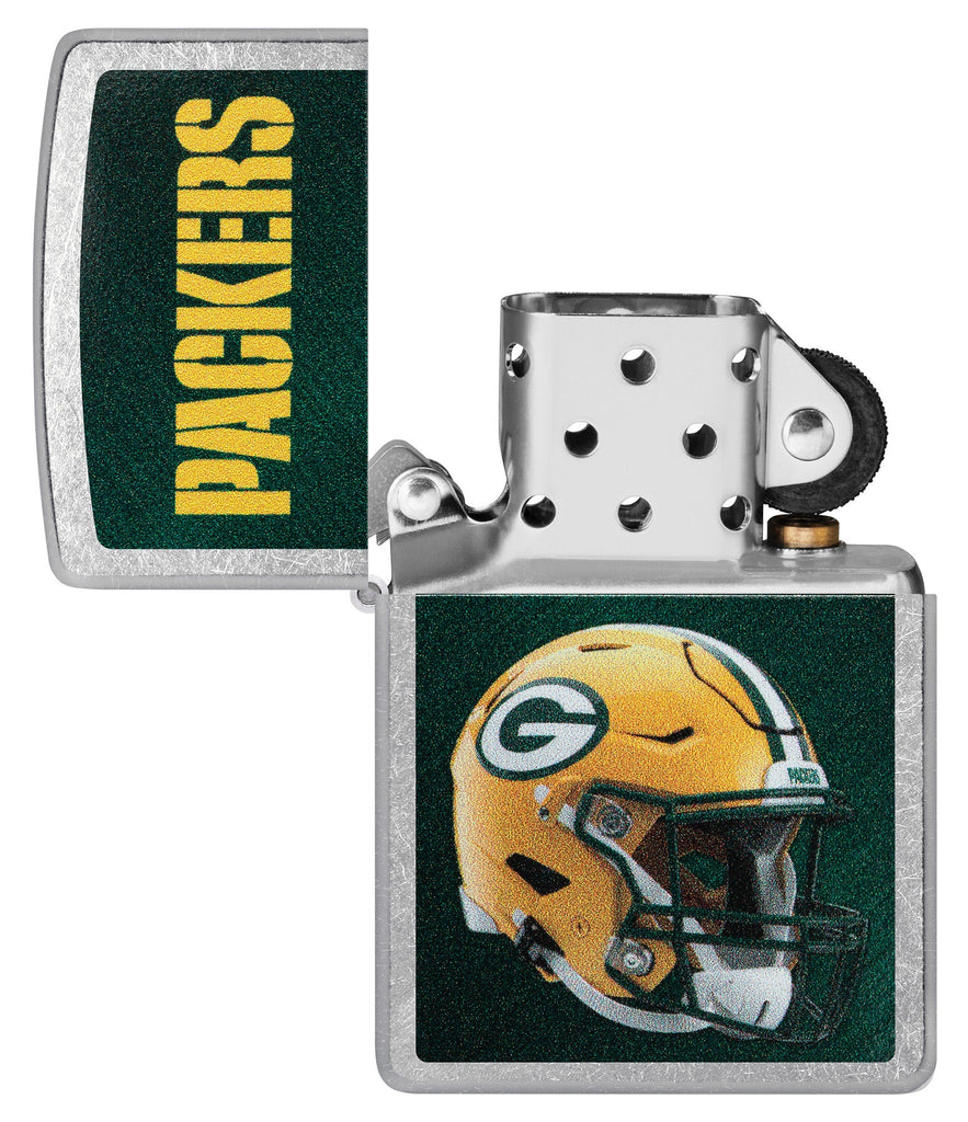 NFL Green Bay Packers Helmet Street Chrome Windproof Lighter with its lid open and unlit.