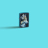 Glamour shot of Zippo Linda Pickens Wolf Design Black Matte Windproof Lighter standing in a blue scene.
