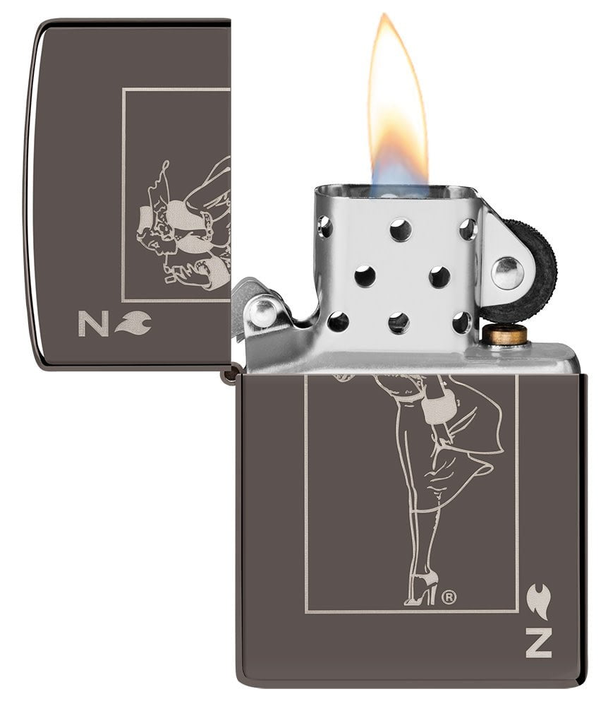 Windy Design Card Black IceÂ® Windproof Lighter with its lid open and lit.