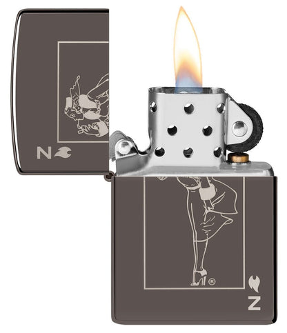 Windy Design Card Black IceÂ® Windproof Lighter with its lid open and lit.