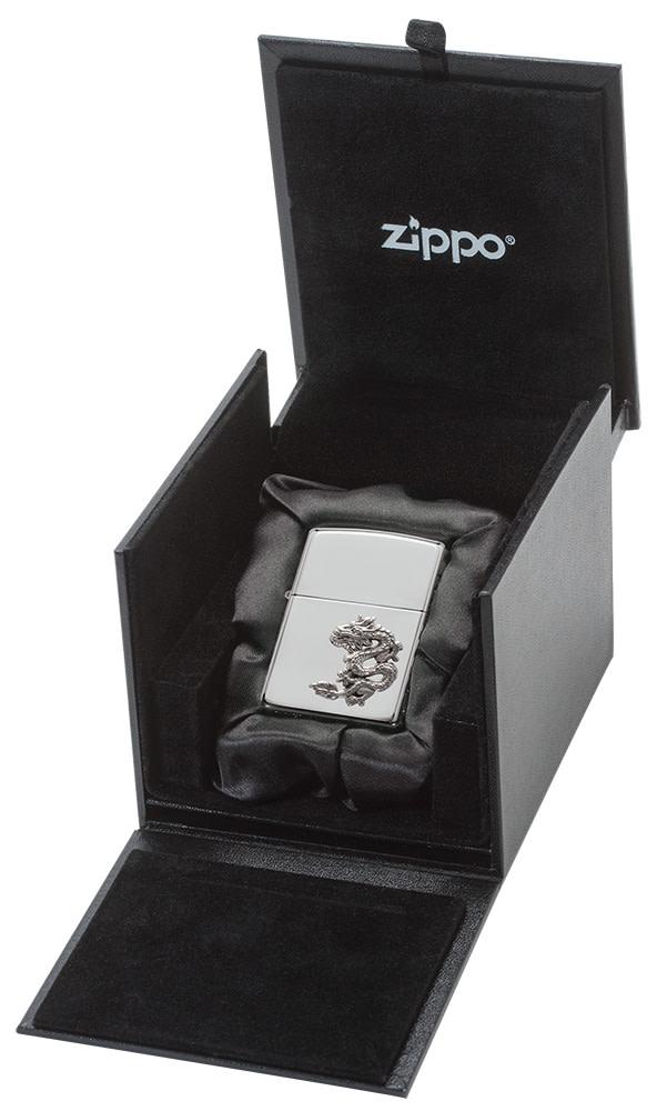 ArmorÂ® Chinese Dragon Sterling Silver Emblem Windproof Lighter in its luxury cube packaging.