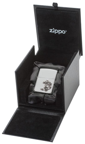 Armor® Chinese Dragon Sterling Silver Emblem Windproof Lighter in its luxury cube packaging.