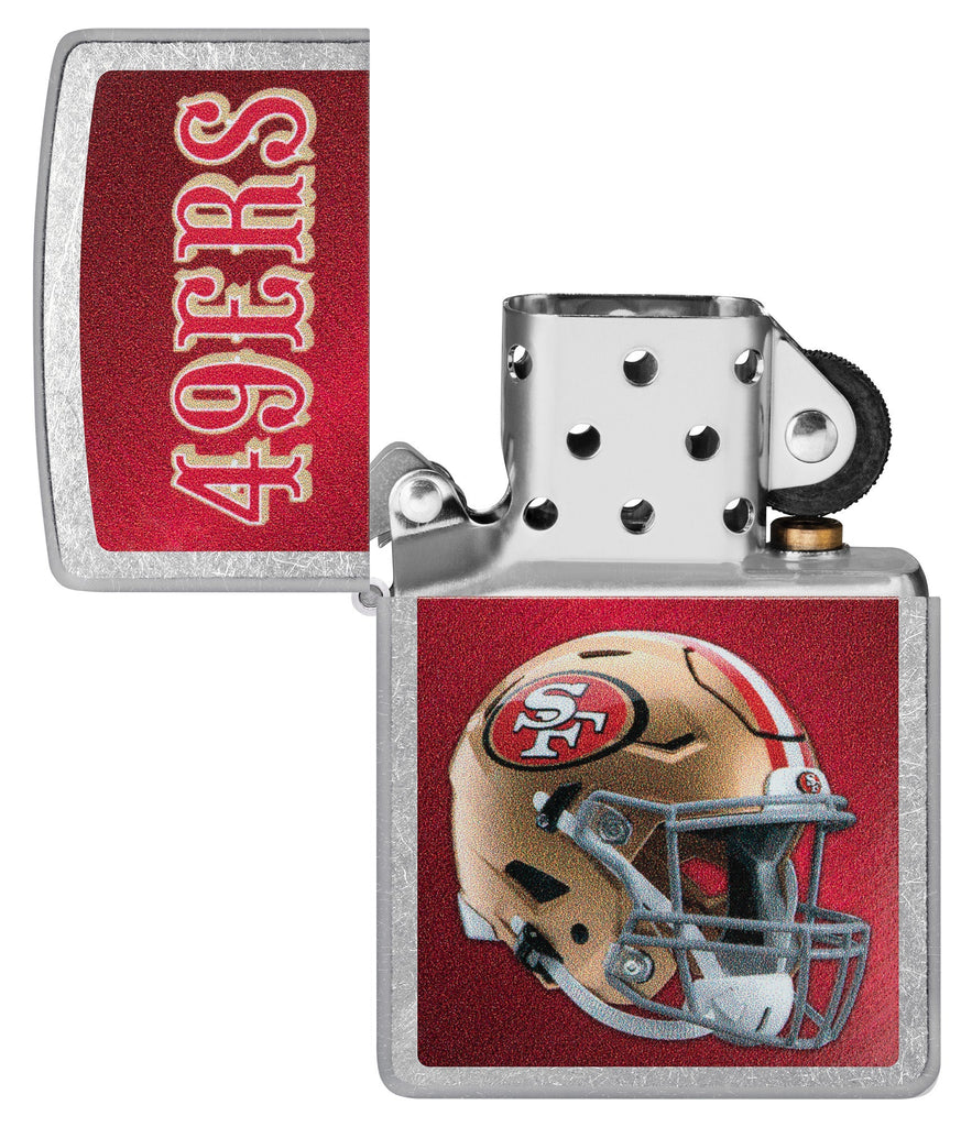 NFL San Francisco 49ers Helmet Street Chrome Windproof Lighter with its lid open and unlit.
