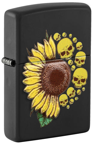 Front shot of Sunflower Design Texture Print Black Matte Windproof Lighter standing at a 3/4 angle