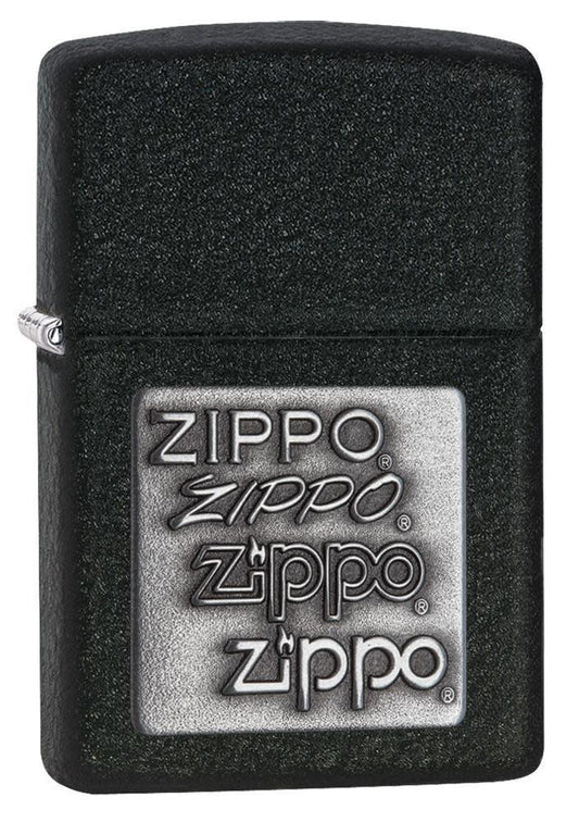Front view of Black CrackleÂ® Silver Zippo Logo Emblem Windproof Lighter standing at a 3/4 angle