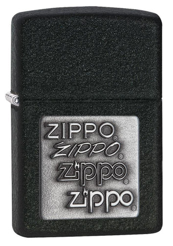 Front view of Black Crackle® Silver Zippo Logo Emblem Windproof Lighter standing at a 3/4 angle