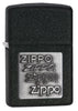 Front view of Black Crackle® Silver Zippo Logo Emblem Windproof Lighter standing at a 3/4 angle
