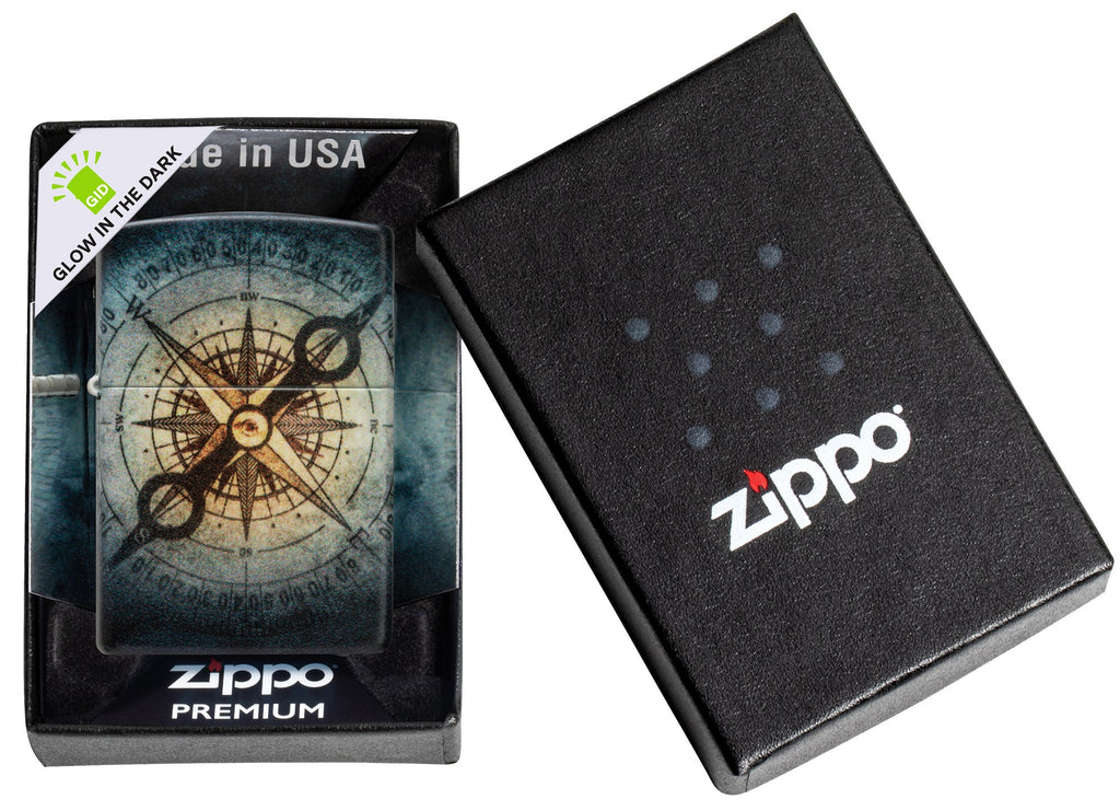 Zippo Compass Ghost Design 540 Glow in the Dark Windproof Lighter in its packaging.