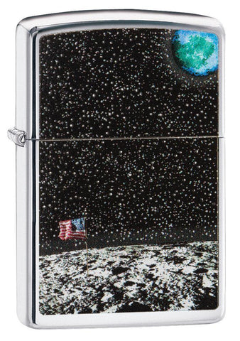 Front view of the High Polish Chrome Moon Landing Design Lighter shot a a 3/4 angle 