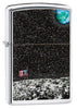 Front view of the High Polish Chrome Moon Landing Design Lighter shot a a 3/4 angle 
