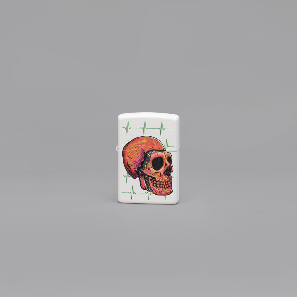 Lifestyle image of Zippo Cyber Skull Design White Matte Windproof Lighter standing in a grey scene.