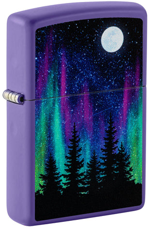 Front shot of Zippo Northern Lights Design Purple Matte Windproof Lighter standing at a 3/4 angle.