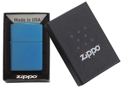 High Polish Blue Windproof Lighter in packaging