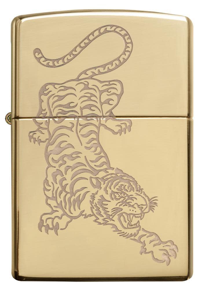 Front View, High Polish Brass Tiger Design, Lustre Engraved Tiger