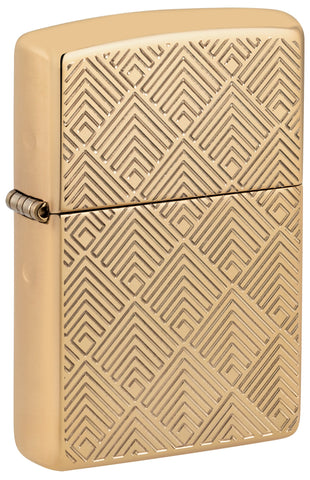 Front shot of Zippo Pattern Design Armor High Polish Brass Windproof Lighter standing at a 3/4 angle.