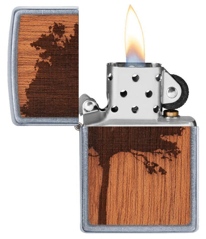 Front view of the WOODCHUCK USA Lighter open and lit