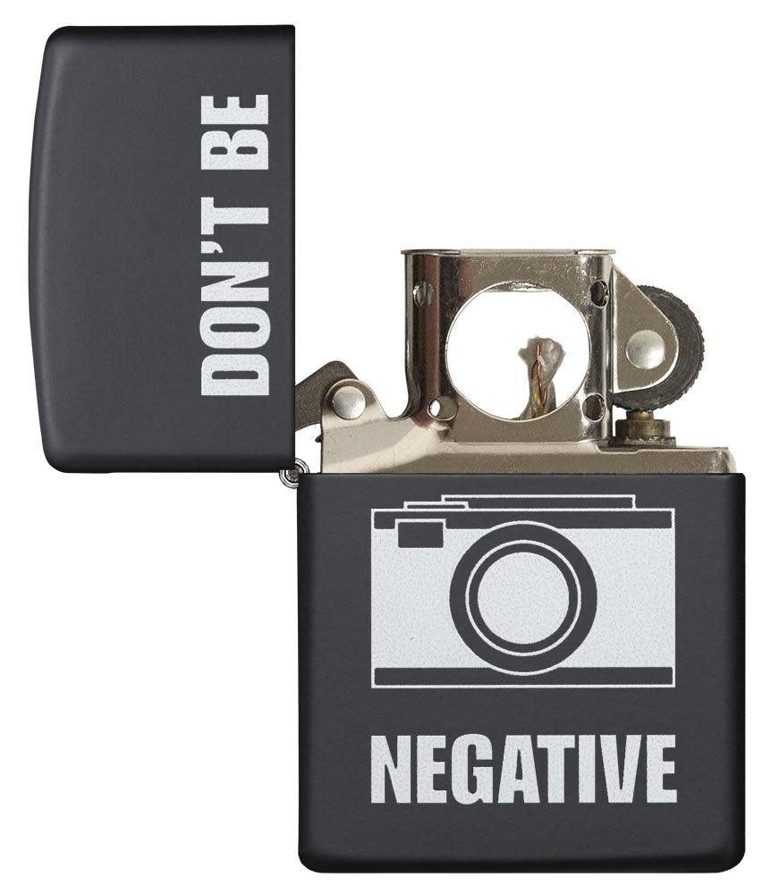 Front view of the Don't Be Negative Black Matte Windproof Lighter open and unlit