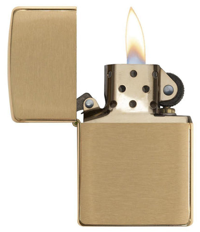 Front view of the Brushed Brass Classic Case Lighter open and lit