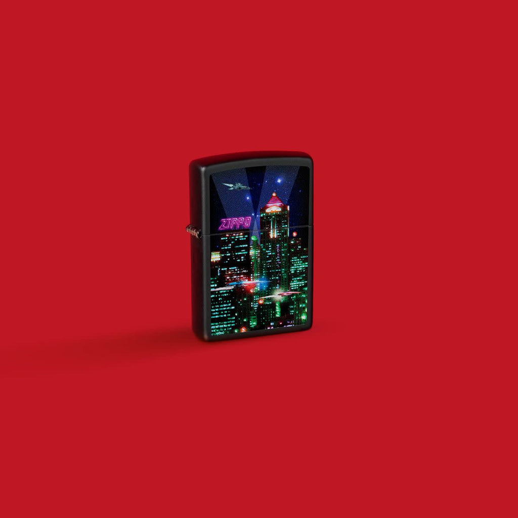 Glamour shot of Zippo Zippo Cyber City Design Black Matte Windproof Lighter  Lighter standing in a red scene.