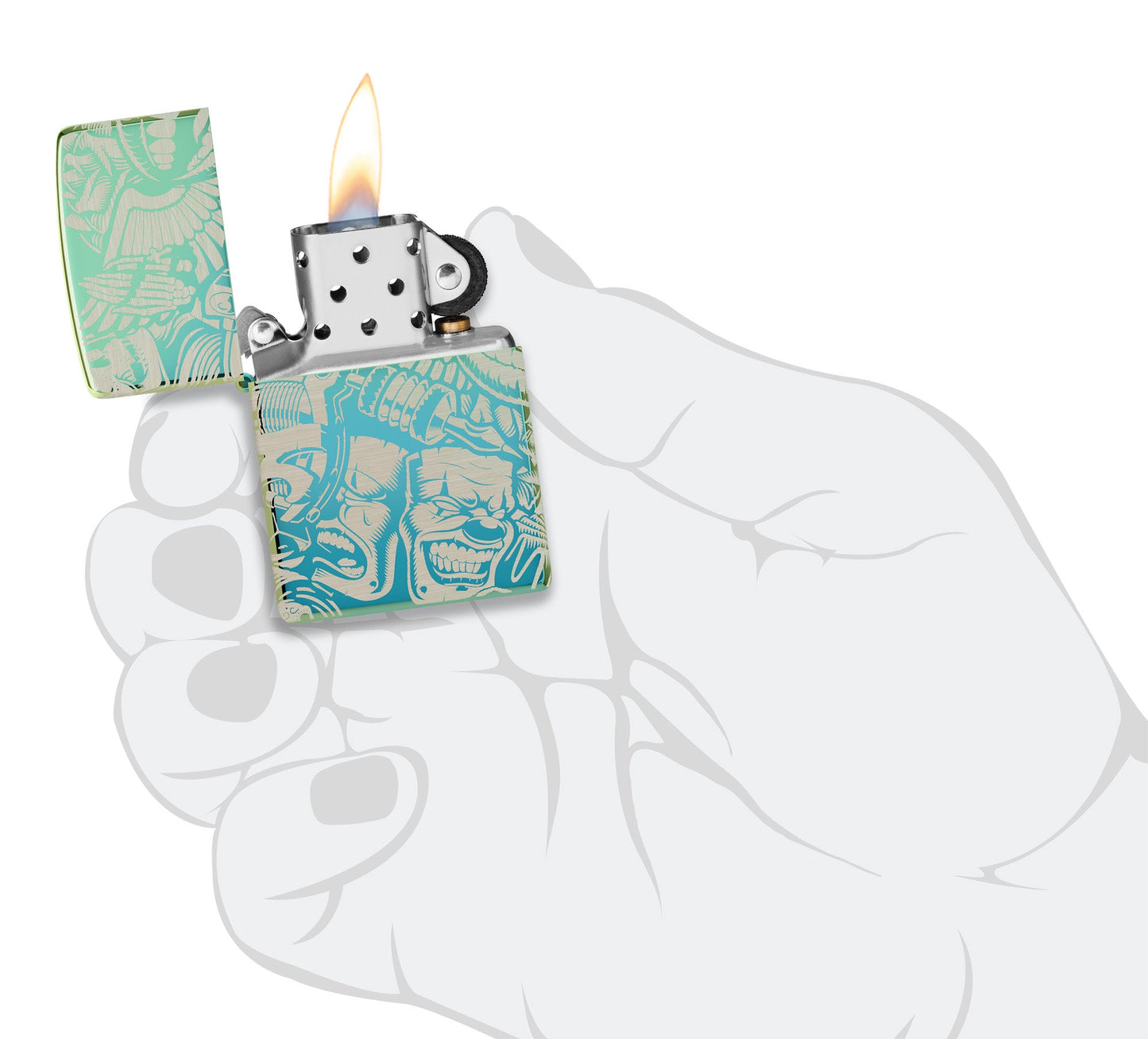 Laser 360Â° Tattoo Theme Design High Polish Teal Windproof Lighter lit in hand.