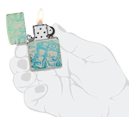 Laser 360Â° Tattoo Theme Design High Polish Teal Windproof Lighter lit in hand.