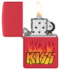 Zippo KISS Design Red Matte Windproof Lighter with its lid open and lit.