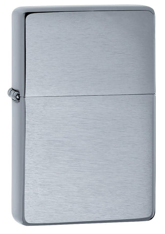 Front shot of Brushed Chrome Vintage Windproof Lighter standing at a 3/4 angle.