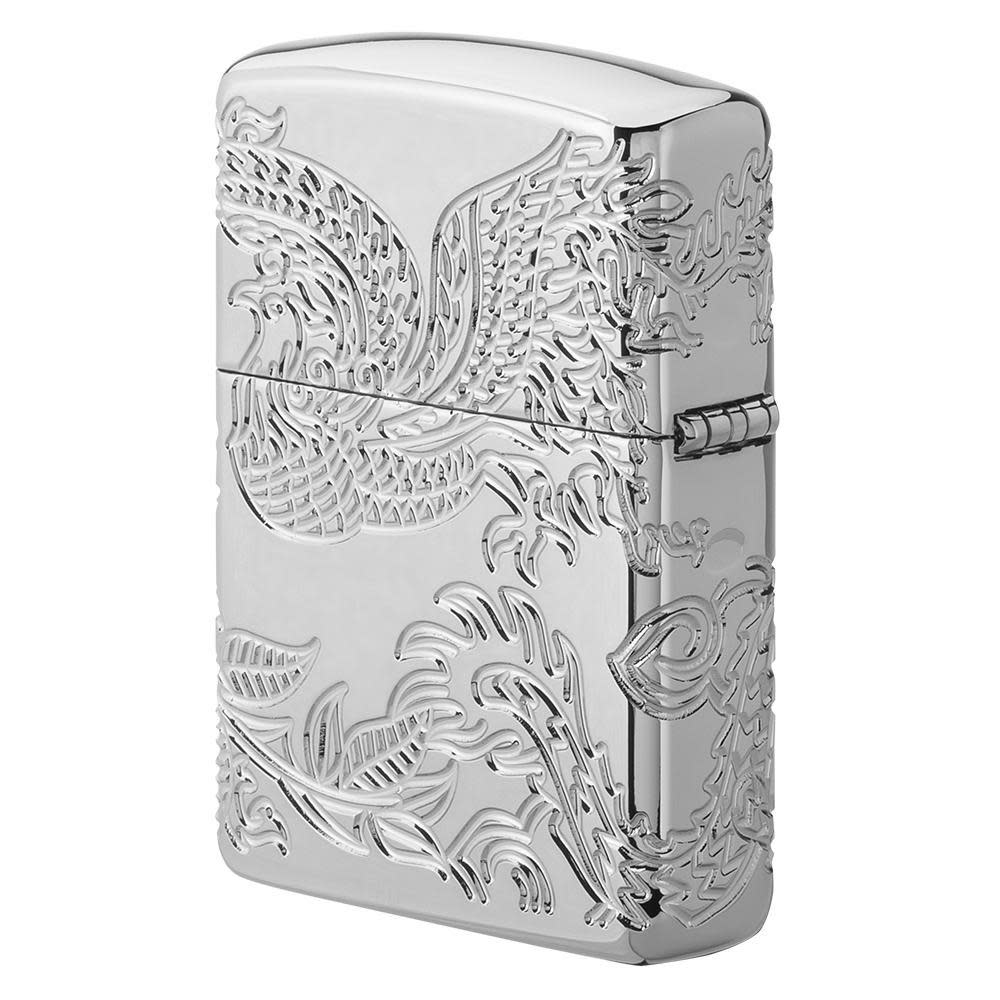 Back view of ArmorÂ® Dragon and Phoenix Design Windproof Lighter standing at a 3/4 angle showing the hinge side