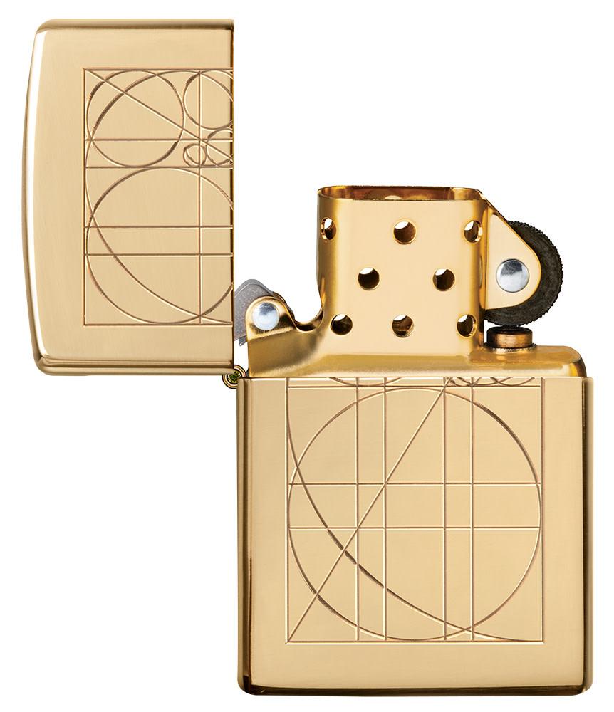 Golden Ratio Armor® High Polish Brass Windproof Lighter with its lid open and unlit