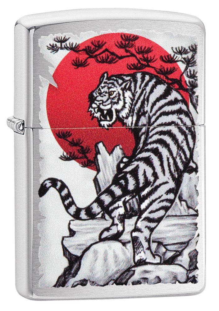 Asian Tiger Brushed Chrome Windproof Lighter standing at a 3/4 angle