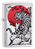 Asian Tiger Brushed Chrome Windproof Lighter standing at a 3/4 angle