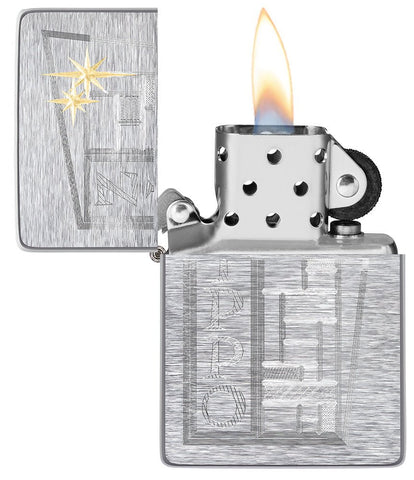 Retro Zippo Design Vintage Brushed Chrome Windproof Lighter with its lid open and lit.