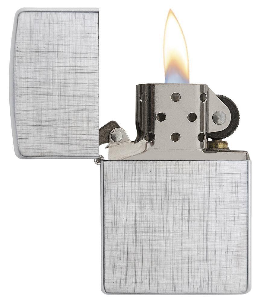 Front view of the Classic Linen Weave Finish Lighter with its lid open and lit 