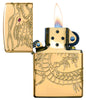 Armor® Asian Dragon 360-Degree Gold-Plate Windproof Lighter with its lid open and lit