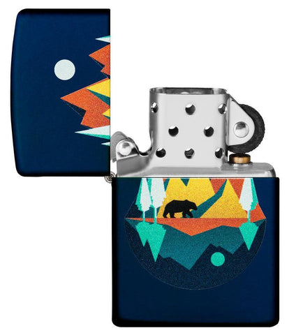 Front view of the Geometric Bear and Mountains Design Lighter, in hand, open and unlit