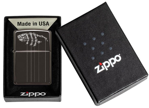 Skeleton Puppet Strings High Polish Black Windproof Lighter in its one box packaging