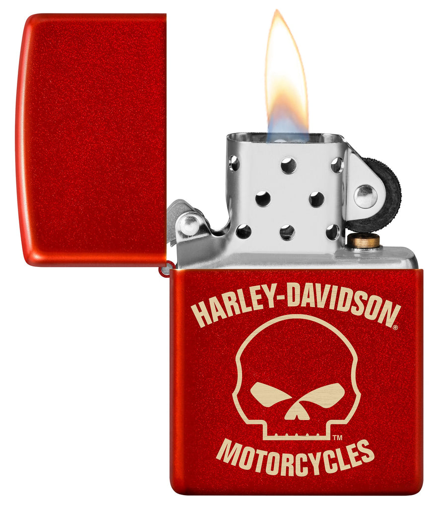 Zippo Harley-Davidson Laser Skull Metallic Red Windproof Lighter with its lid open and lit.