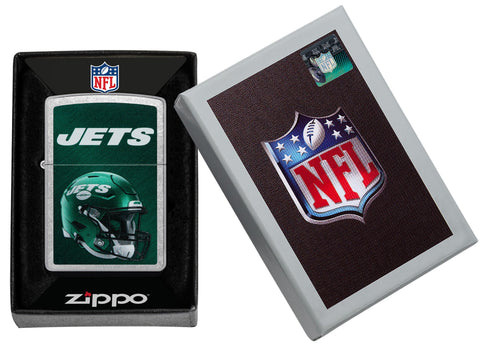 NFL New York Jets Helmet Street Chrome Windproof Lighter in its packaging.