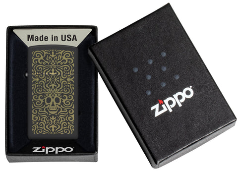 Zippo Skull Filigree Design Slim Black Matte Windproof Lighter in its packaging.
