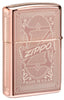Back shot of Reimagine Zippo High Polish Rose Gold Windproof Lighter standing at a 3/4 angle